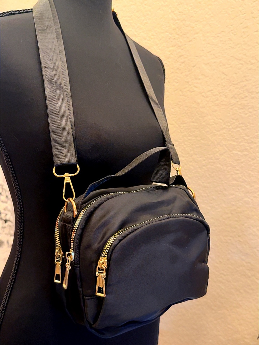 Black Nylon Crossbody Bag with Gold Hardware